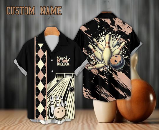 Personalized Bowling Hawaiian Shirt, Custom Name Bowler Button Down Shirt, Argyle Pattern Bowling Lover Gift, Matching Bowling Team Shirt