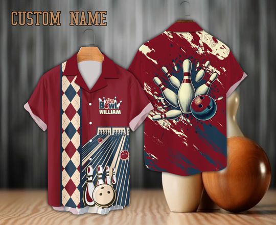 Personalized Bowling Hawaiian Shirt, Custom Name Bowler Button Down Shirt, Argyle Pattern Bowling Lover Gift, Matching Bowling Team Shirt