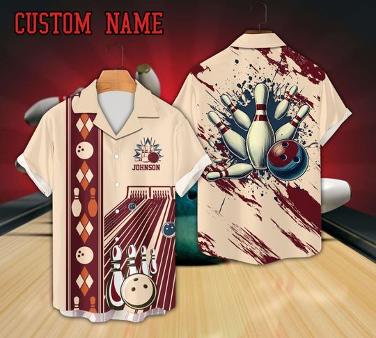 Personalized Bowling Hawaiian Shirt, Custom Name Bowling Button Down Shirt, Retro Bowling Lover Gift For Bowler, Matching Bowling Team Shirt