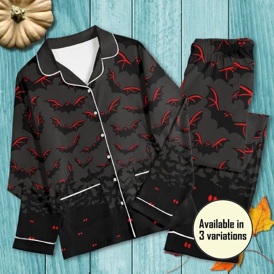 Men Women Halloween Bat Pajama Set | Long Sleeved Adult Nightwear Loungewear, Spooky Red Eyed Bats Matching Couple Pajamas