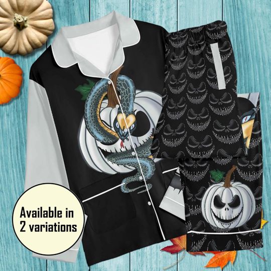 Men Women Halloween Pajama Set | Silver Pumpkin Snake Matching Couple Pajamas, Weirdcore Long Sleeved Winter Loungewear, Spooky Bach Pyjamas