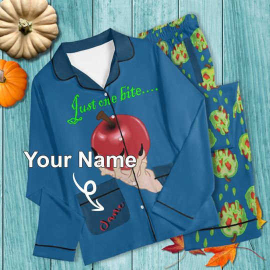 Personalized Poisoned Apple Adult Nightwear Pajama Set | Snow White Long Sleeved Matching Loungewear, Gothic Princess Halloween Sleepwear