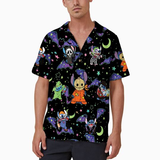 Retro Disney Scary Stitch Halloween Hawaiian Shirt, Creepy Hawaiian Shirt, Horror Characters Aloha Shirt, Serial Killer Shirt