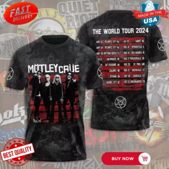 Motley Crue The World Tour 2024 3D T-Shirt Merch Gift For Fans Short Sleeves, Cotton Short Sleeve Trendy Shirt