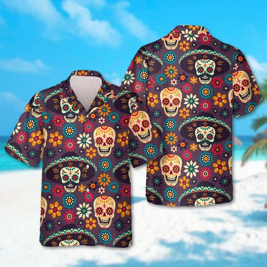 Day of the Dead Hawaiian Shirt, Sugar Skull Hawaii Shirt, Dia De Los Muertos Hawaiian Shirt, Skeleton Horror Halloween Shirt, Mexico Shirt