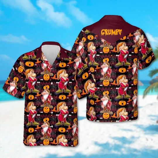 Grumpy Dwarf Pumpkins Halloween Hawaiian Shirt, Seven Dwarfs Hawaii Shirt, Halloween Party Shirt, Magic Kingdom Shirt