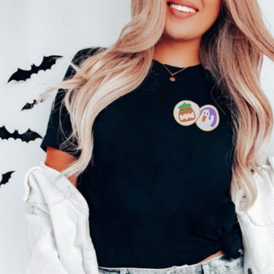 Embroidered Halloween Cookie T-Shirt, Short Sleeve Halloween Embroidered Shirt