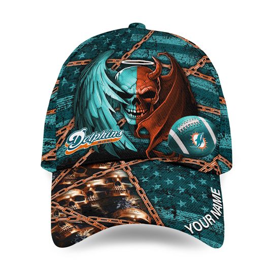 Personalized Miami Dolphins football Skull and Angel Baseball Cap, Gift Ideas, Dad Gift
