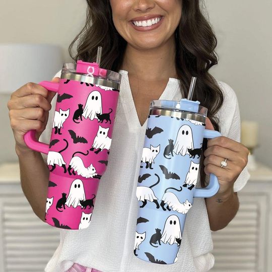 Halloween Ghost Cat 40oz Tumbler, Spooky Black Cat Stainless Steel Tumbler, Halloween Insulated Cup Cat Mom Gift