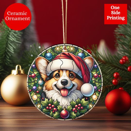 Corgi Christmas Ornament, Luxe Holiday Decor, Xmas Ceramic Ornament, Tree Decor, Multi Shapes