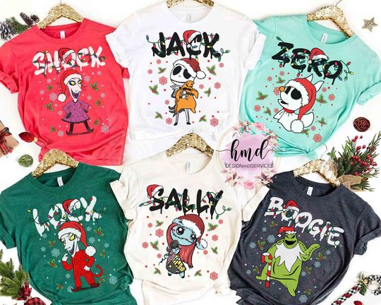 Disney Nightmare Before Christmas Character Group Matching T-Shirt, Mickey's Very Merry Family Gift
