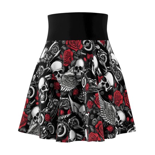 Women's Skull Rose Biker Skater Skirt