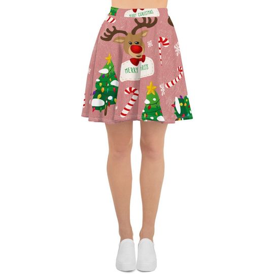 Women's Skater Skirt, Stretch Circle Skirt, Christmas Reindeer Tree Holiday Skirt, Snowflake Winter Skirt