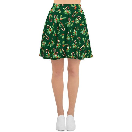 Women's Skater Skirt, Stretch Circle Skirt, Christmas Candy Canes Holiday Skirt, Holly Winter Skirt,