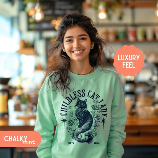 Childless Cat Lady Pullover Retro Cat Mermaid, Oversized Vote 2024 Sweatshirt