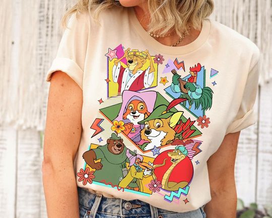Retro Disney Robin Hood Characters Group Shirt, Disney Sir Hiss Marian John T-Shirt