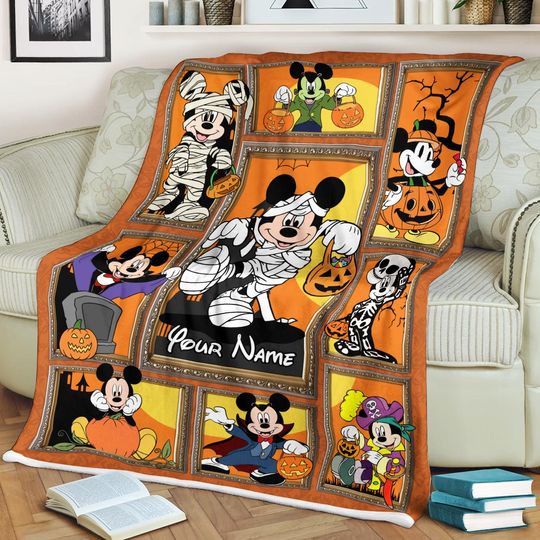 Custom Name Disney Mickey Mouse Mummy Halloween Blanket, Pumpkin Disney Quilt