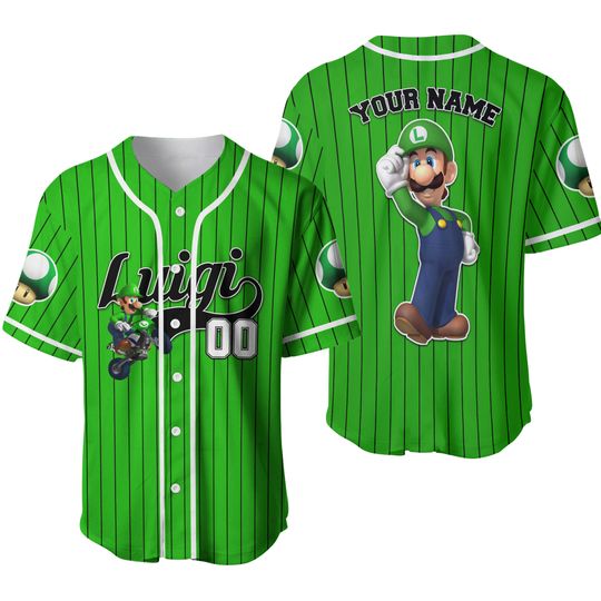 Personalize Luigi Jersey Green White, Custom Super Mario Baseball Jersey, Family Uniform Movie Game Jersey, Gift For Fans