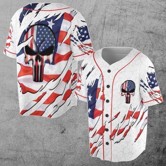 American Flag Grunge Punisher Skull Baseball Jersey