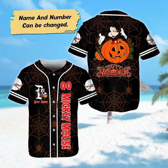 Custom Name And Number Mickey Mouse Halloween Baseball Jersey, Mickey Pumpkin Jersey