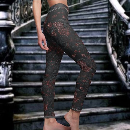 Gothic Rose Leggings Gothic Lovers Jogging Pants Rose Workout Pants Causal Gothic Mid-waisted Yoga Tights Halloween Party Pants Gothic Gift