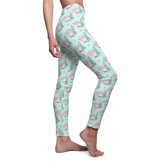 Festive Christmas Pastel Blue and Pink Gingerbread House Yoga Pants Whimsical Pastel Blue and Pink Christmas Gingerbread Soft Leggings