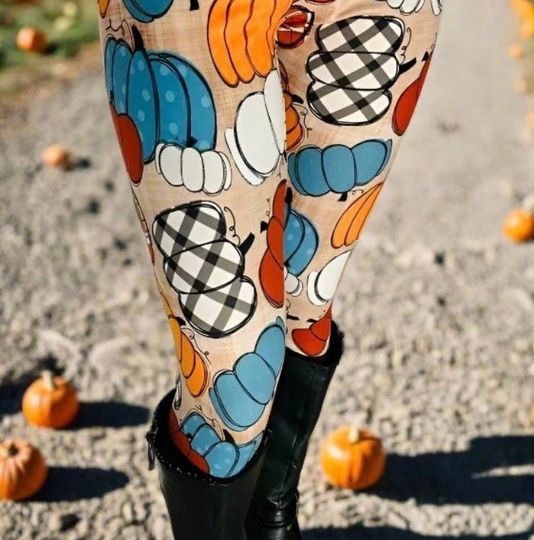 NEW Womens Fall Leggings, Plaid Pumpkin Leggings, Halloween, Thanksgiving Leggings, Soft Yoga Waist Pants, Multi Colors