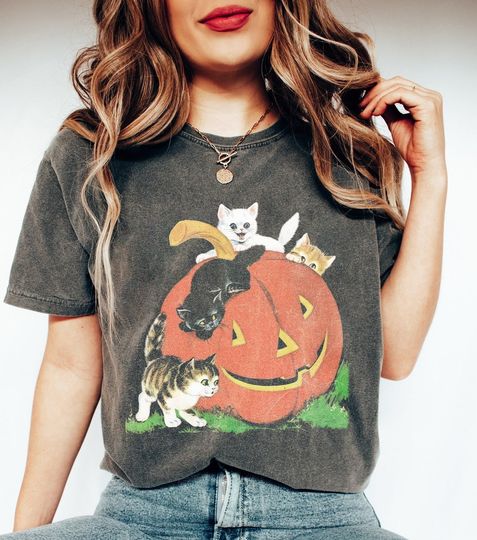 Vintage 90s Cat Halloween Shirt, Retro Halloween Shirt, Spooky Season Tee, Pumpkin Shirt, Cat Lover Shirt, Black Cat Shirt, Spooky Season