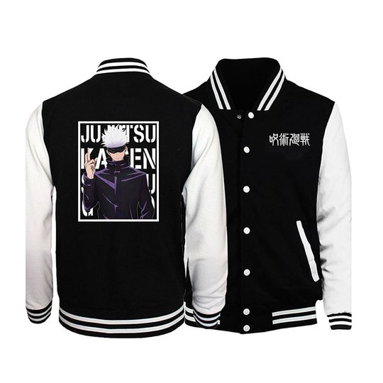 Japanese anime Jujutsu Satoru Gojo Satoru Baseball Uniform Jacket, Men Hip Hop Clothing Fleece Warm Sportswear Oversized Coat