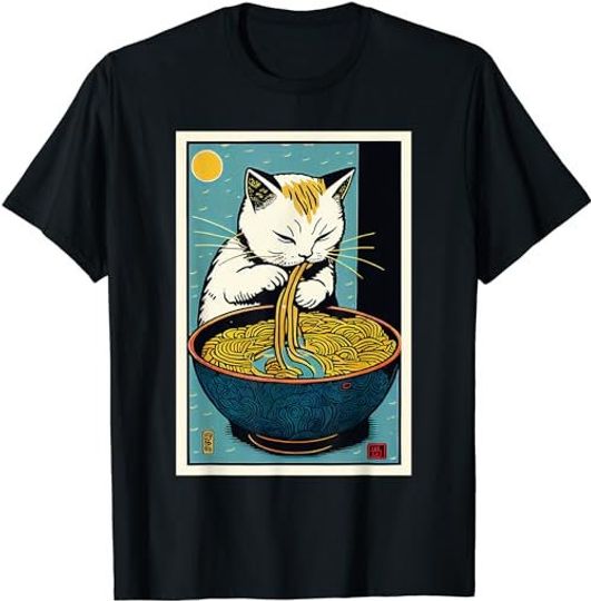 Cat Eating Ramen Noodles Cute Vintage Japanese Art Graphic  T-Shirt