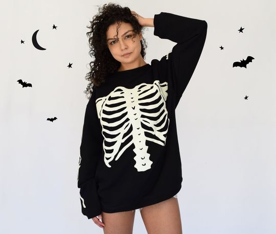 Halloween Sweatshirt Skeleton Sweatshirt Glow in the Dark Puff Print on Front and Back Oversized Sweatshirt Women's Men's