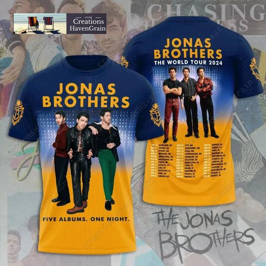 Jonas Brothers Band 3D Shirt, Five Albums One Night The Tour 2024 T-shirt, Joe Jonas 3D Polyester Shirt, Pop Rock Band Cotton Tee
