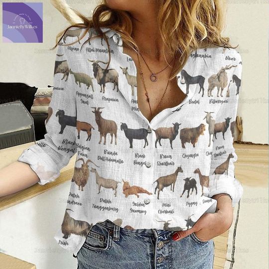 Goat Linen Shirt, Breeds Of Goat Casual Shirt, Goat Lover Shirt, Cute Goat Shirt, Long Sleeve Shirt, Women Blouses, Farmer Girl Shirt