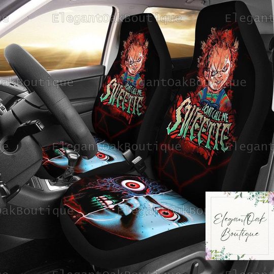 Halloween Chucky Car Seat Cover, Horror Auto Seat Covers, Chucky Car Accessory, Chucky Car Decor, Chucky And Bride, Front Seat Covers