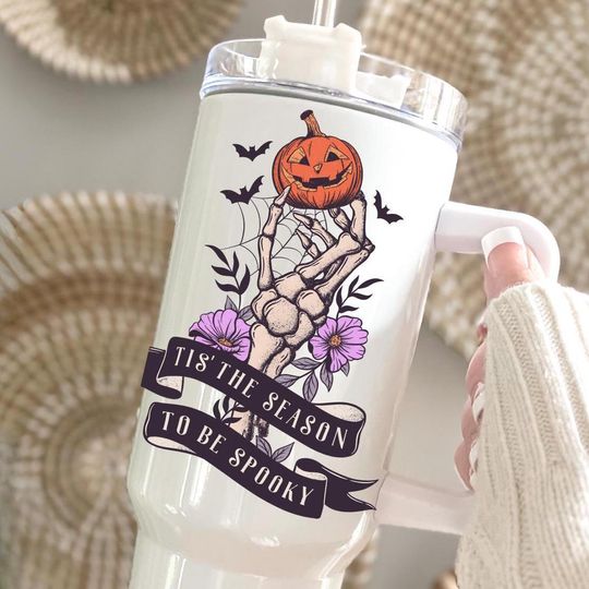 Spooky season 40oz tumbler, halloween 40oz tumbler with handle, dancing skeleton tumbler for halloween, boo basket gift for her