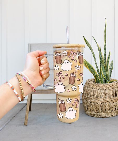 40oz Glass Tumbler with handle, Coffee Ghost Glass Tumbler, Ghost with coffee Coffee Glass, Viral Coffee Glass, Cute Halloween Tumbler