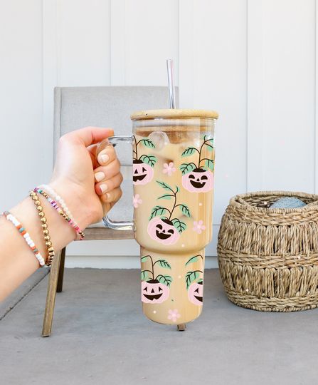 40oz Glass Tumbler with handle, Pumpkin Planter Glass Tumbler, Cute Halloween Coffee Glass, Viral Glass Tumbler