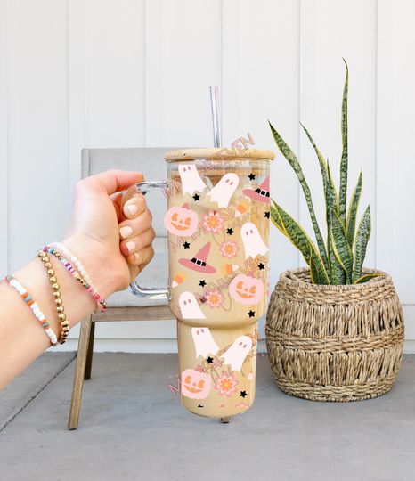 40oz Glass Tumbler with handle, Halloween Glass Tumbler, Cute Halloween Coffee Glass, Viral Glass Tumbler