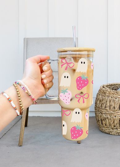 40oz Glass Tumbler with handle, Strawberry Ghosts and Coquette Bows Glass Tumbler, Viral Glass Tumbler, Cute Hallowen glass