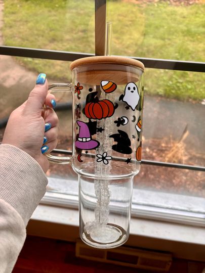 Halloween 40oz glass tumbler, spooky season tumbler, cute Halloween cup, spooky basket gift