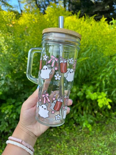 24oz Glass Tumbler, Coffee Glass Tumbler, Ghost Coffee Glass, Viral Coffee Glass, Cute Halloween Tumbler, gift for her, bows, cup handle