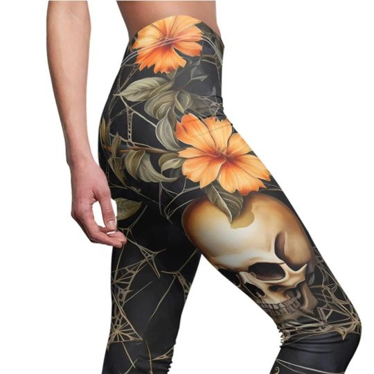 Halloween Leggings, Gothic Skull Leggings, Floral Leggings, Women's Cut