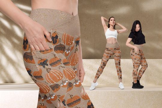 Pumpkin Coquette Crossover leggings with pockets, Autumn Yoga Pants