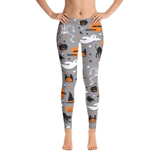 Halloween Cat Bat Pumpkin Ghost Pattern Leggings, Sports And Yoga Leggings