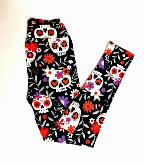 Sugar Skull and Retro Flowers Halloween Leggings, Super Soft Milk Silk Leggings