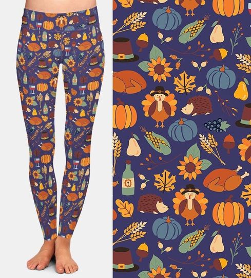 Autumn Thanksgiving Printed Leggings, Buttery Soft Fabric, Recycled Material