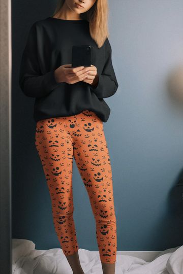 Halloween Leggings womens pumpkin jack-o-lantern costume fall orange black yoga