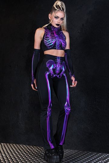 Purple Skeleton Flare Pants, Halloween pants, skeleton flare leggings for women, two piece Halloween costume, rave outfit, Halloween outfit