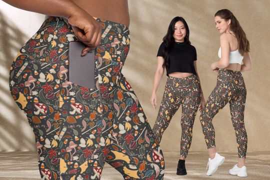 Fall Themed Charcoal Crossover leggings with pockets, Halloween Leggings, Autumn Yoga Pants