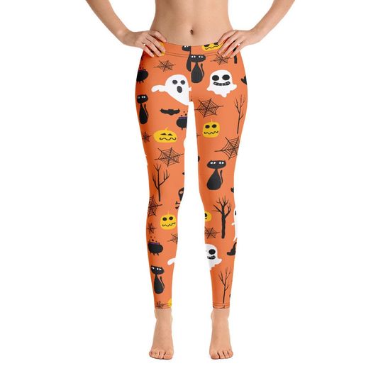 Halloween Cat Bat Pumpkin Ghost Pattern Leggings, Sports And Yoga Leggings